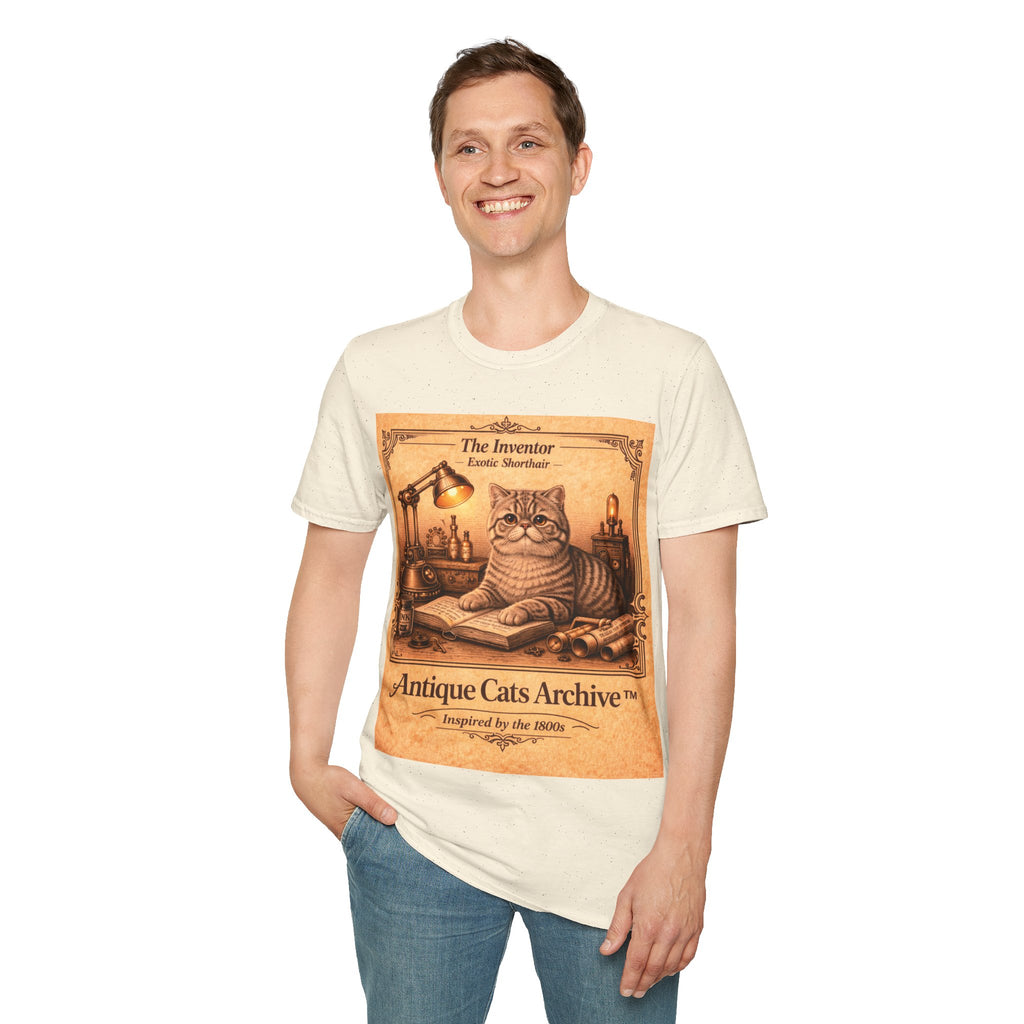 Antique Cats Archive™ Entry No. ACA-014-INV “The Inventor” Exotic Shorthair Cat T-Shirt – Vintage 1800s Engraving Style