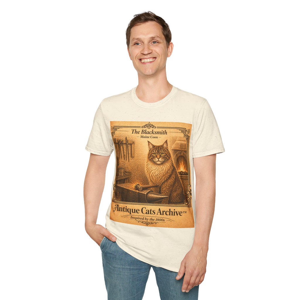 Antique Cats Archive™ Entry No. ACA-007-BLK “The Blacksmith” Maine Coon Cat T-Shirt – Vintage 1800s Engraving Style