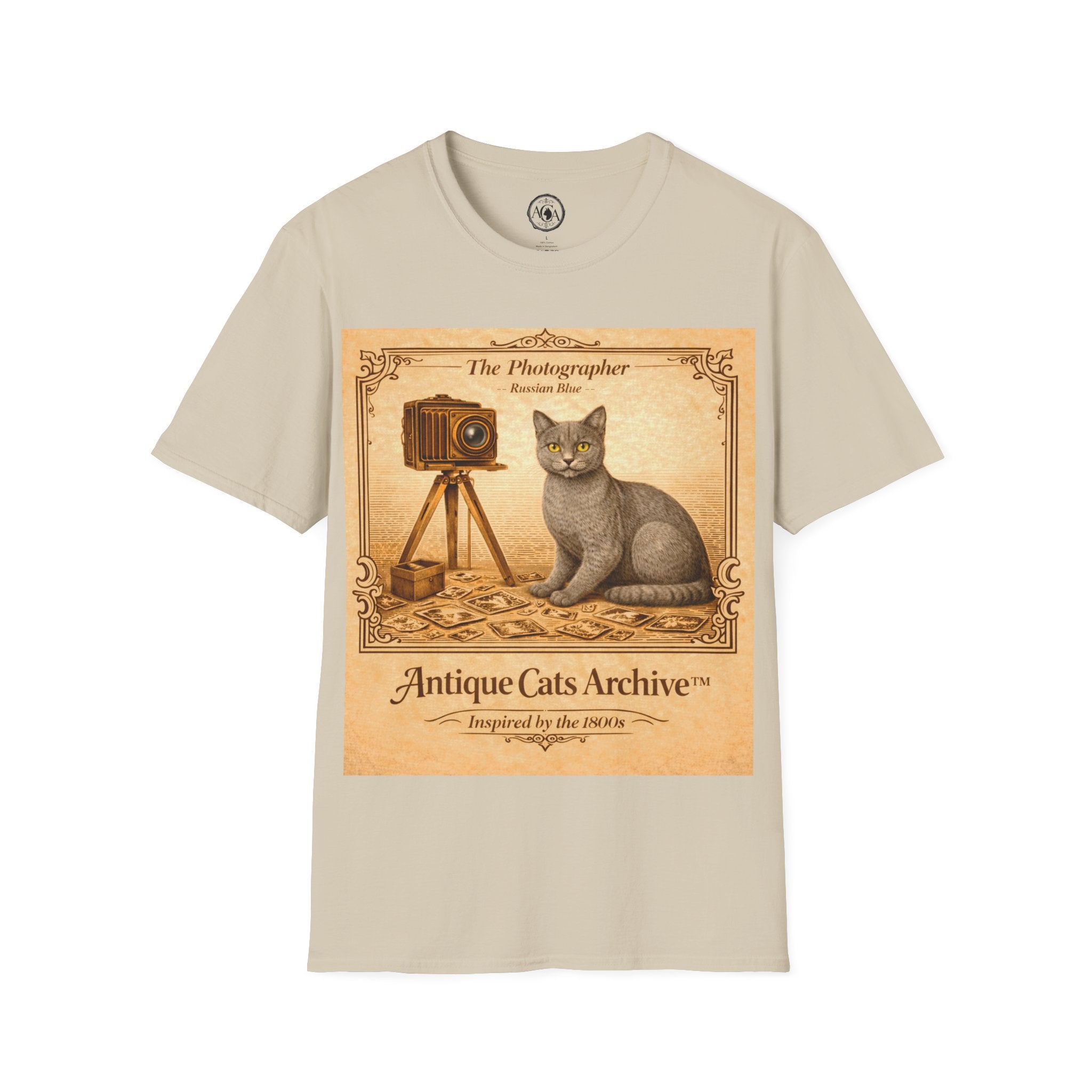 Antique Cats Archive™ Entry No. ACA-019-PHO “The Photographer” Russian Blue Cat T-Shirt – Vintage 1800s Engraving Style
