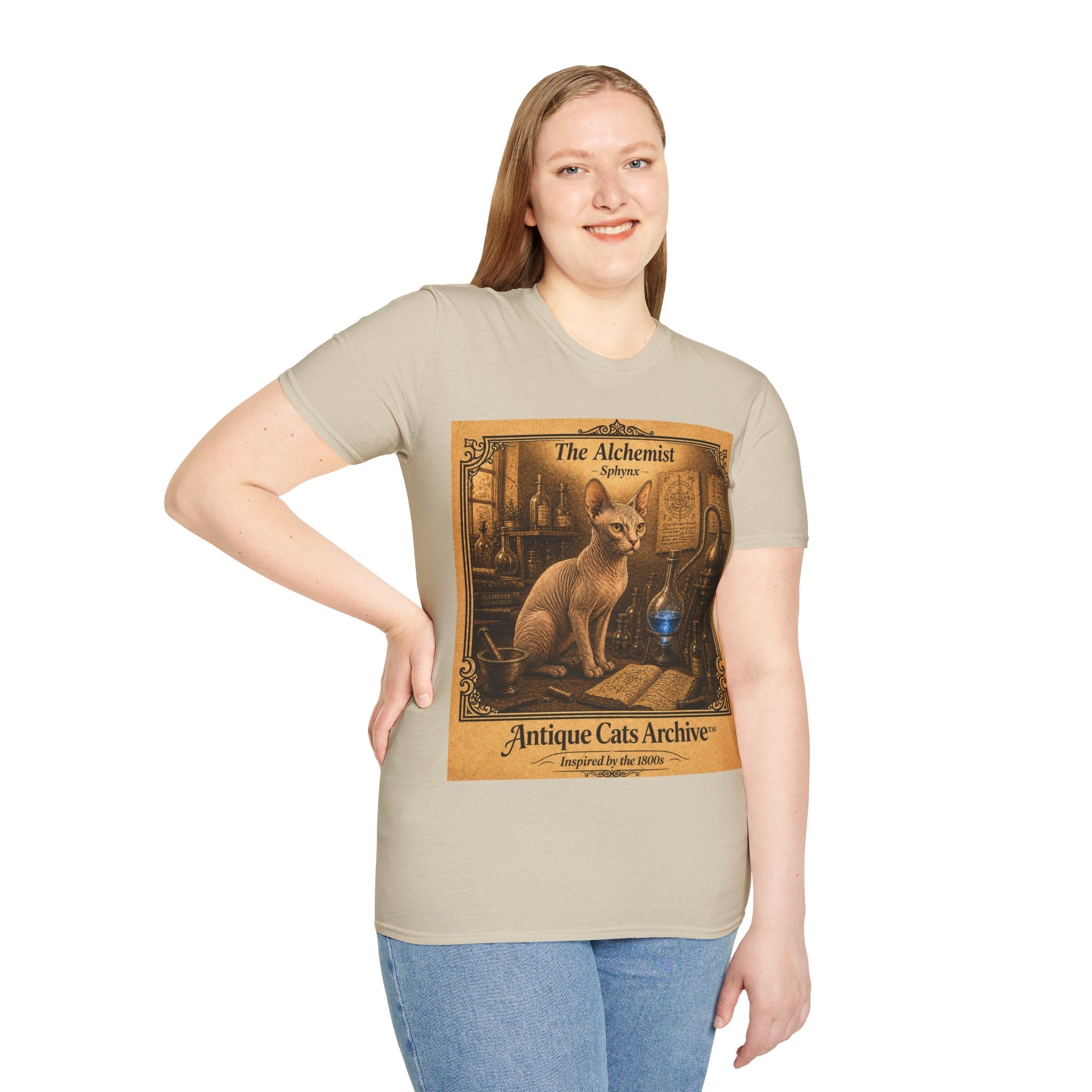 Antique Cats Archive™ Entry No. ACA-002-ALC “The Alchemist” Sphynx Cat T-Shirt – Vintage 1800s Engraving Style