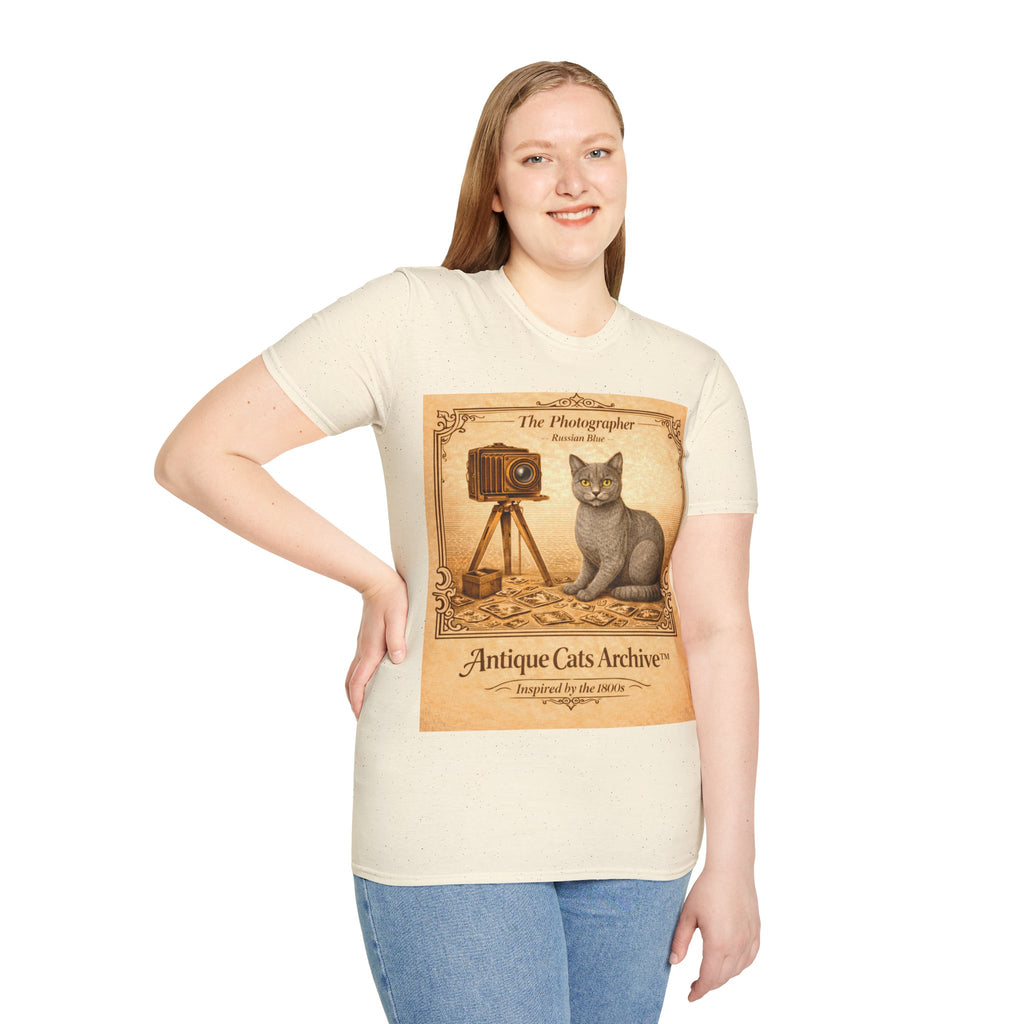 Antique Cats Archive™ Entry No. ACA-019-PHO “The Photographer” Russian Blue Cat T-Shirt – Vintage 1800s Engraving Style