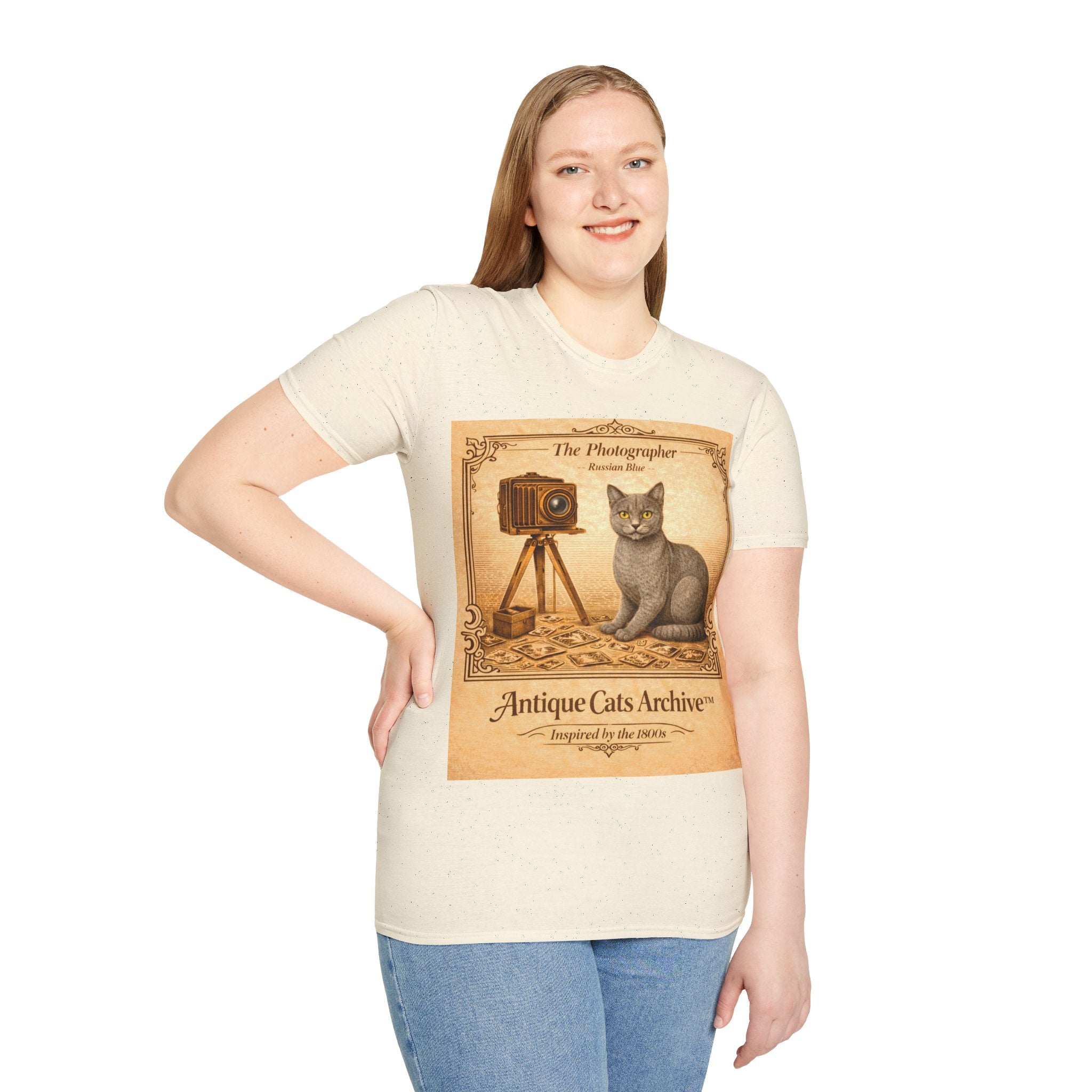 Antique Cats Archive™ Entry No. ACA-019-PHO “The Photographer” Russian Blue Cat T-Shirt – Vintage 1800s Engraving Style