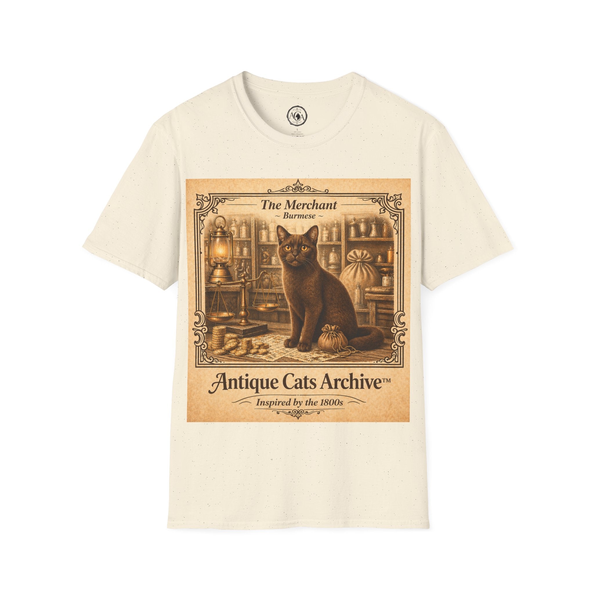 Antique Cats Archive™ Entry No. ACA-017-MER “The Merchant” Burmese Cat T-Shirt – Vintage 1800s Engraving Style