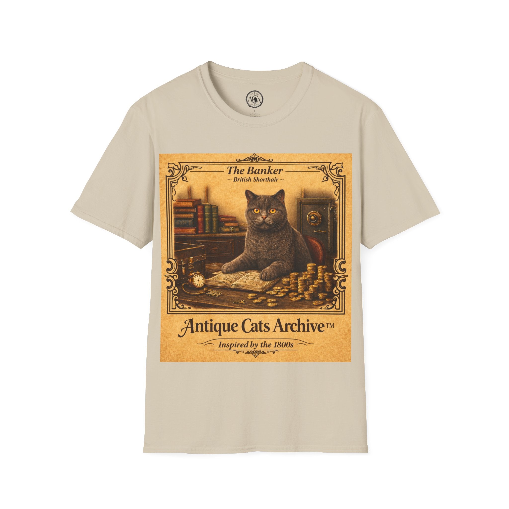 Antique Cats Archive™ Entry No. ACA-006-BNK “The Banker” British Shorthair Cat T-Shirt – Vintage 1800s Engraving Style