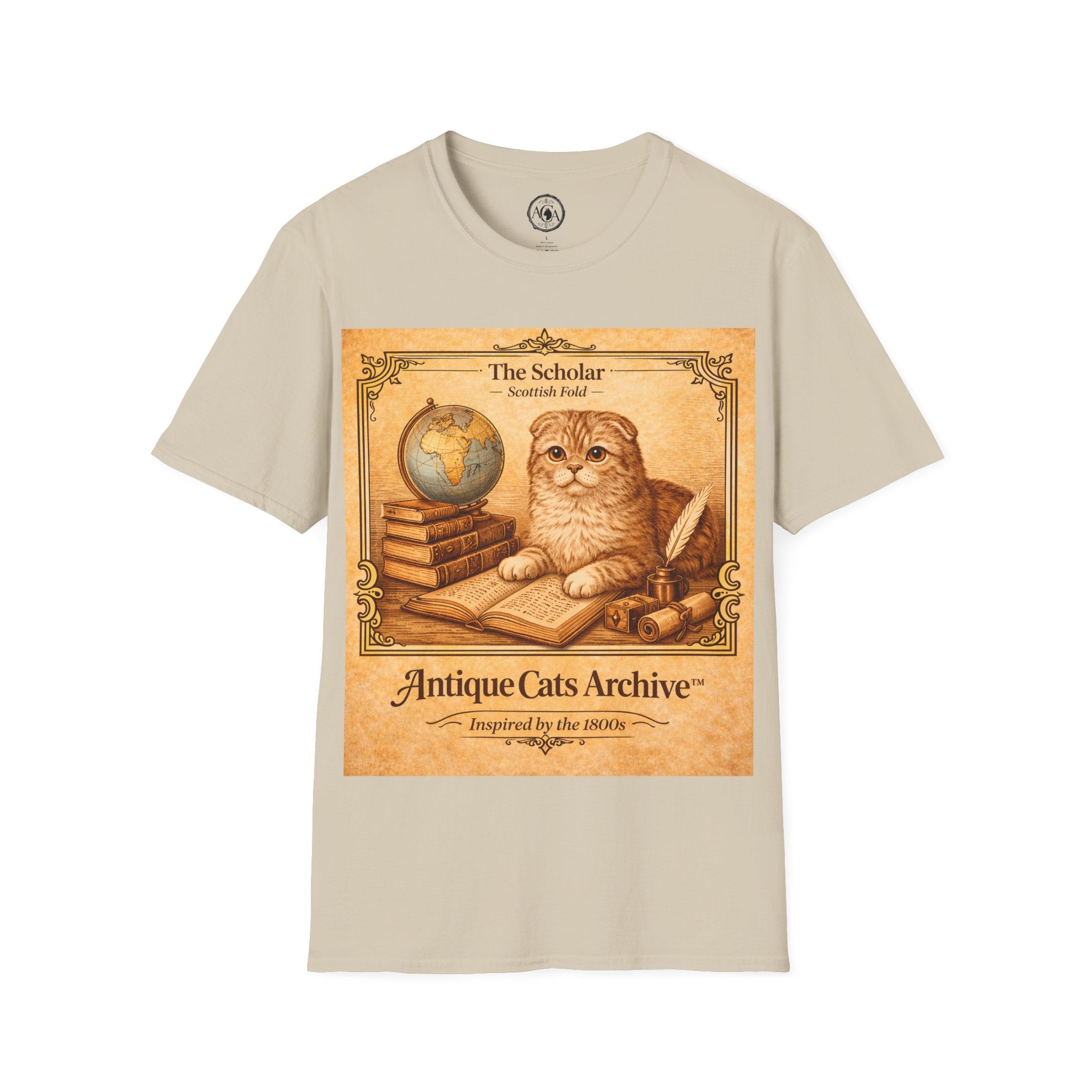 Antique Cats Archive™ Entry No. ACA-022-SCH “The Scholar” Scottish Fold Cat T-Shirt – Vintage 1800s Engraving Style