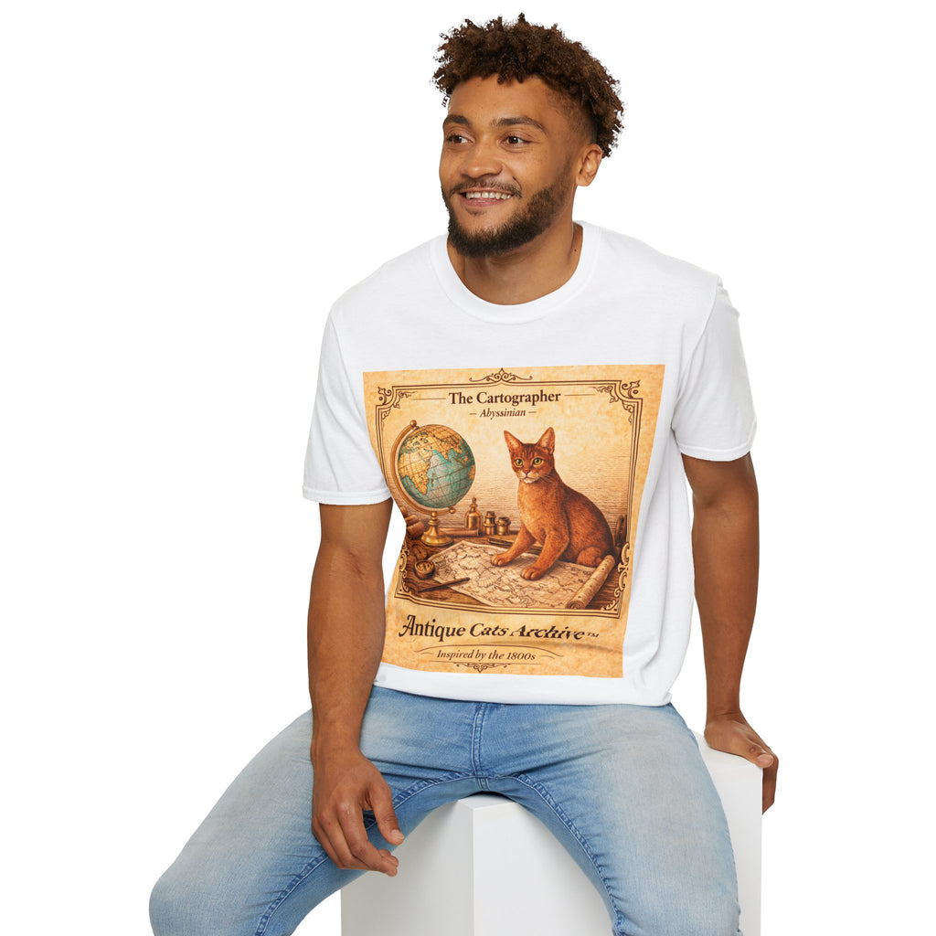 Antique Cats Archive™ Entry No. ACA-009-CAR “The Cartographer” Abyssinian Cat T-Shirt – Vintage 1800s Engraving Style
