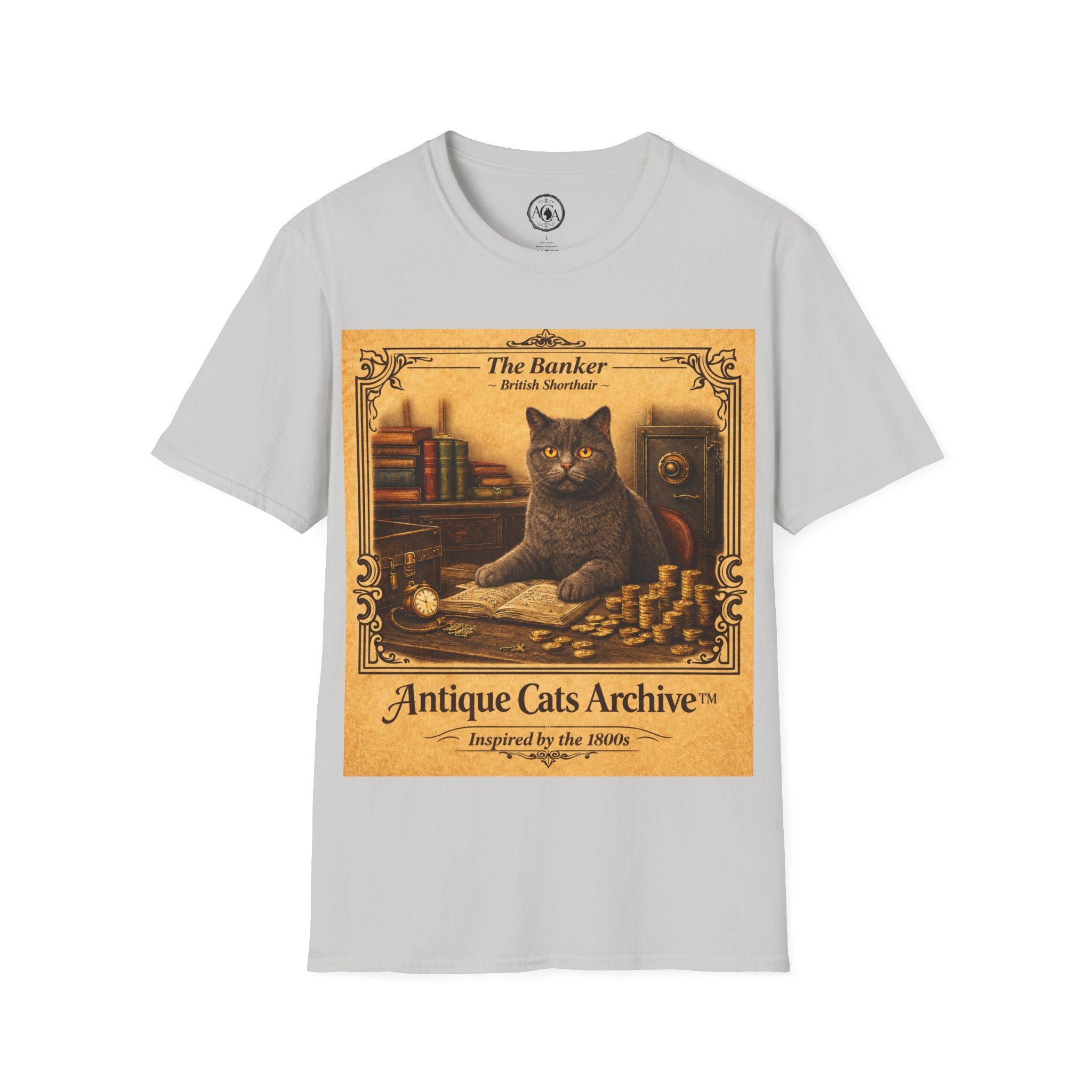 Antique Cats Archive™ Entry No. ACA-006-BNK “The Banker” British Shorthair Cat T-Shirt – Vintage 1800s Engraving Style