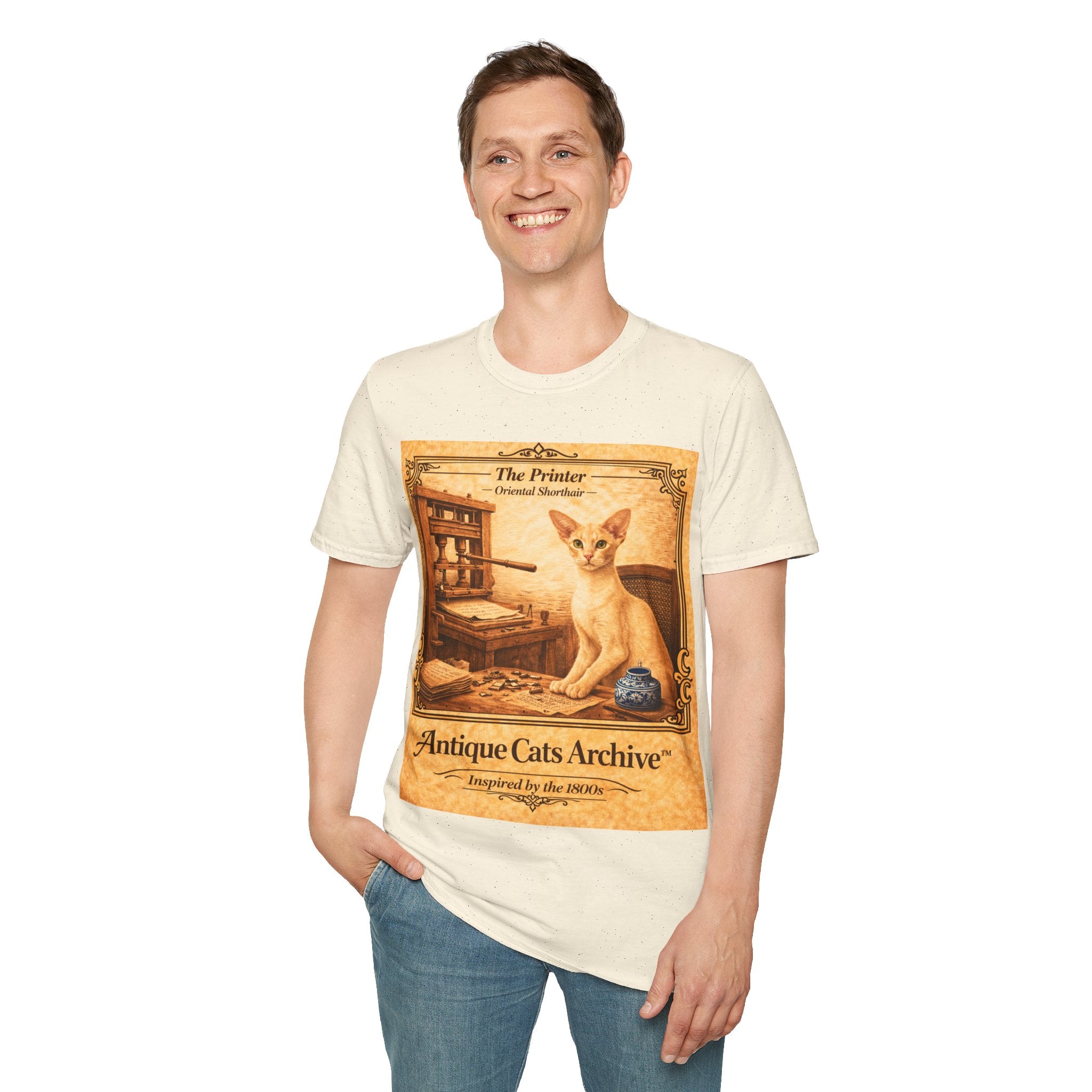 Antique Cats Archive™ Entry No. ACA-020-PRN “The Printer” Oriental Shorthair Cat T-Shirt – Vintage 1800s Engraving Style