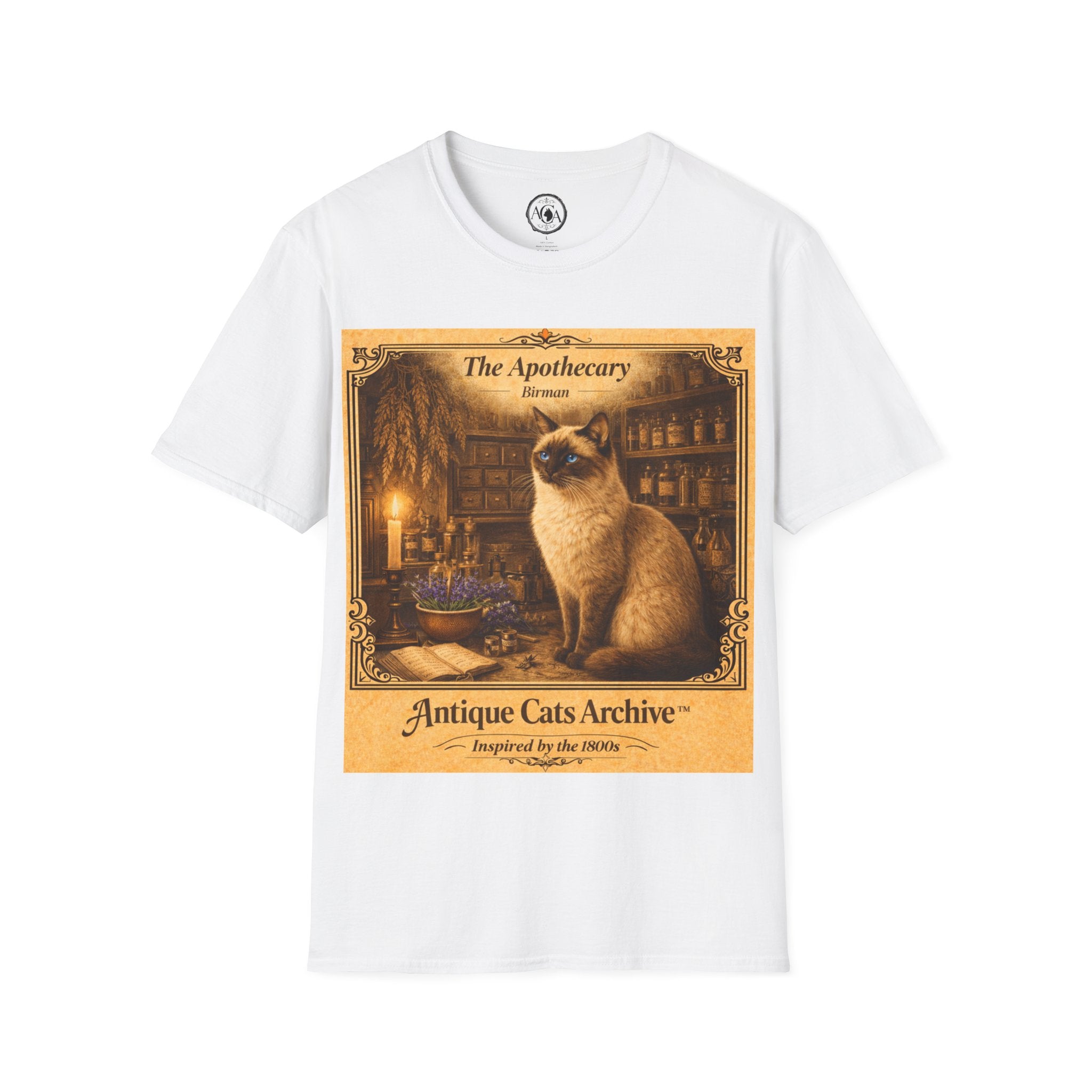 Antique Cats Archive™ Entry No. ACA-003-ALC “The Apothecary” Birman Cat T-Shirt – Vintage 1800s Engraving Style