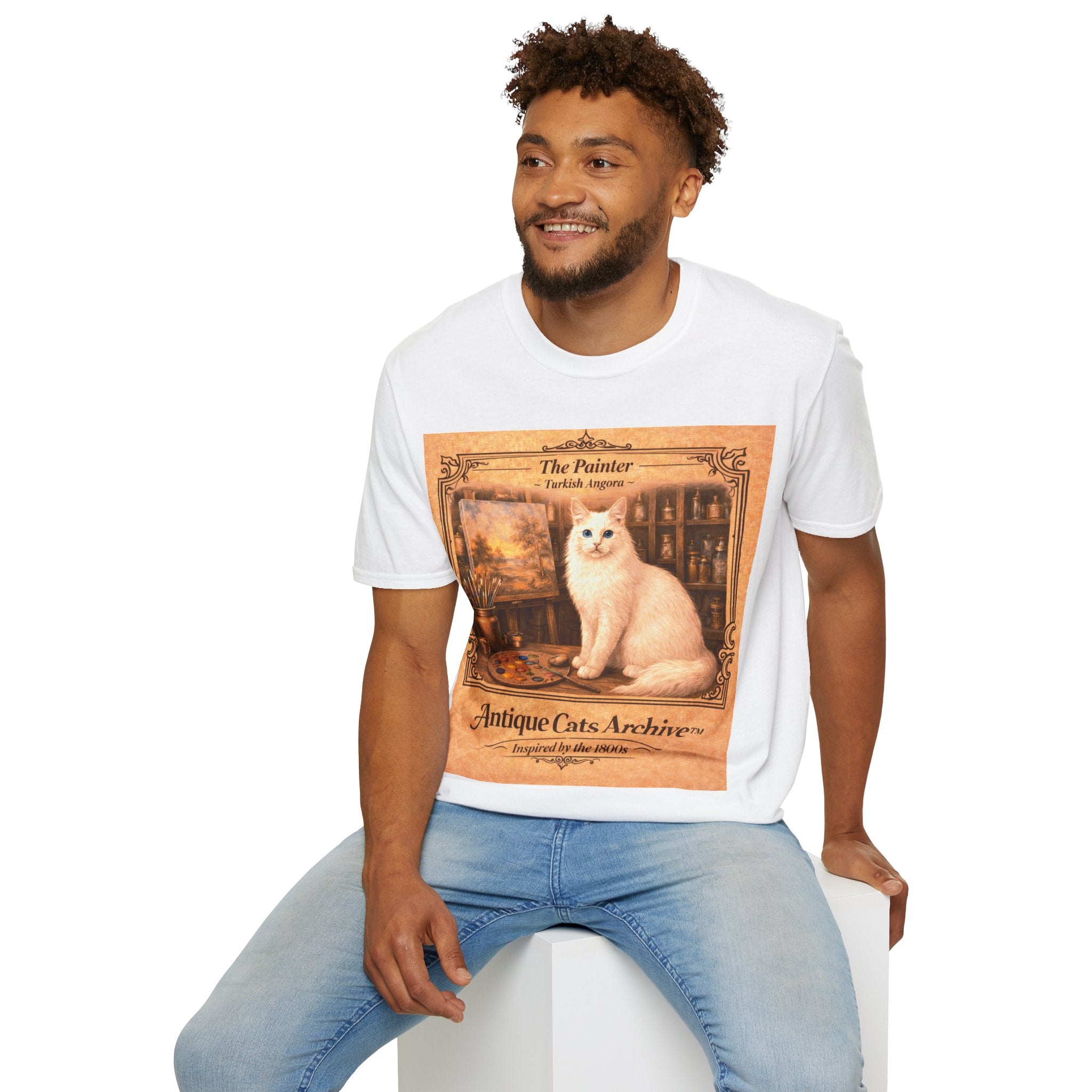 Antique Cats Archive™ Entry No. ACA-018-PNT “The Painter” Turkish Angora Cat T-Shirt – Vintage 1800s Engraving Style