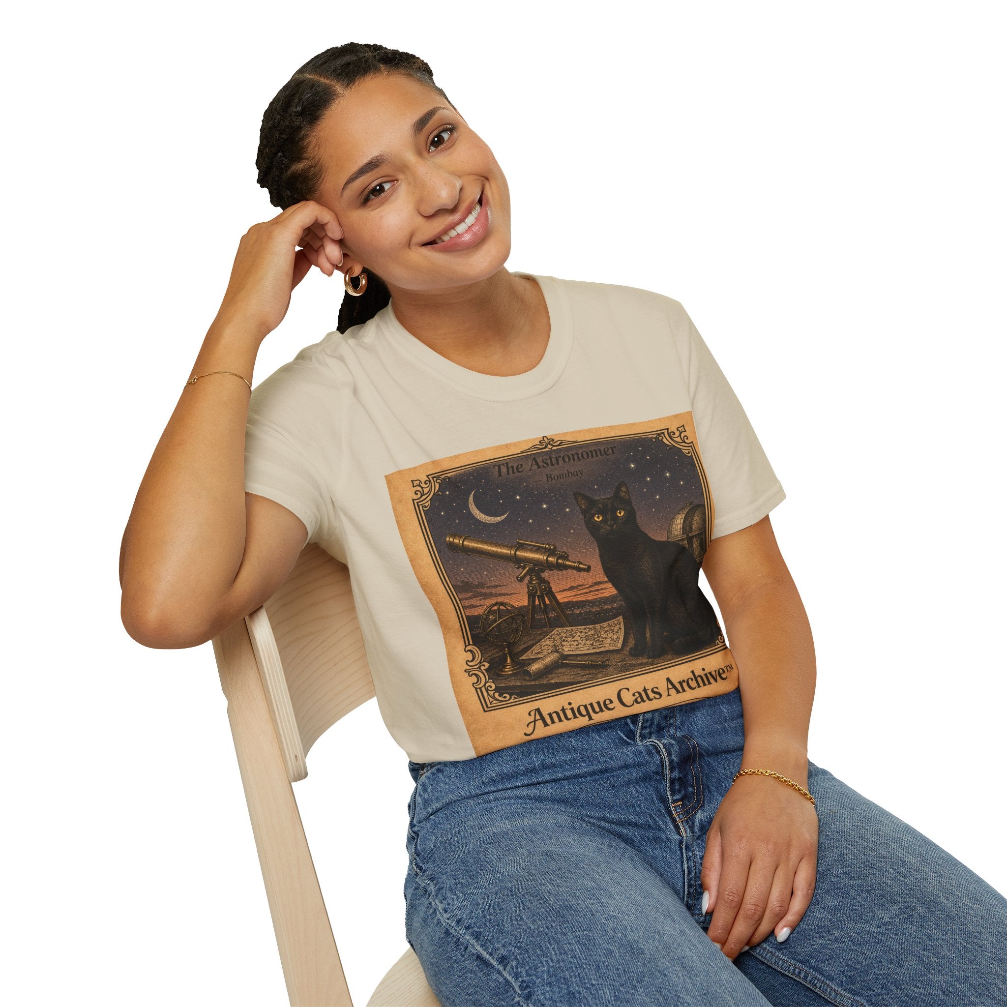 Antique Cats Archive™ Entry No. ACA-004-AST “The Astronomer” Bombay Cat T-Shirt – Vintage 1800s Engraving Style