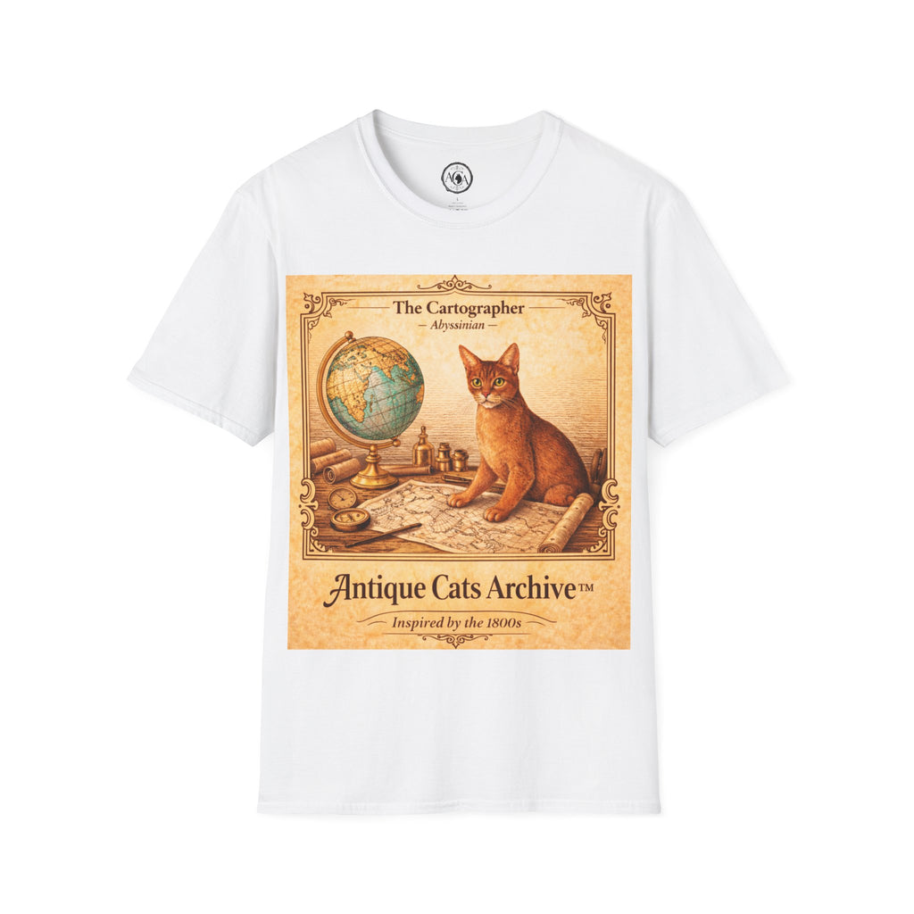 Antique Cats Archive™ Entry No. ACA-009-CAR “The Cartographer” Abyssinian Cat T-Shirt – Vintage 1800s Engraving Style