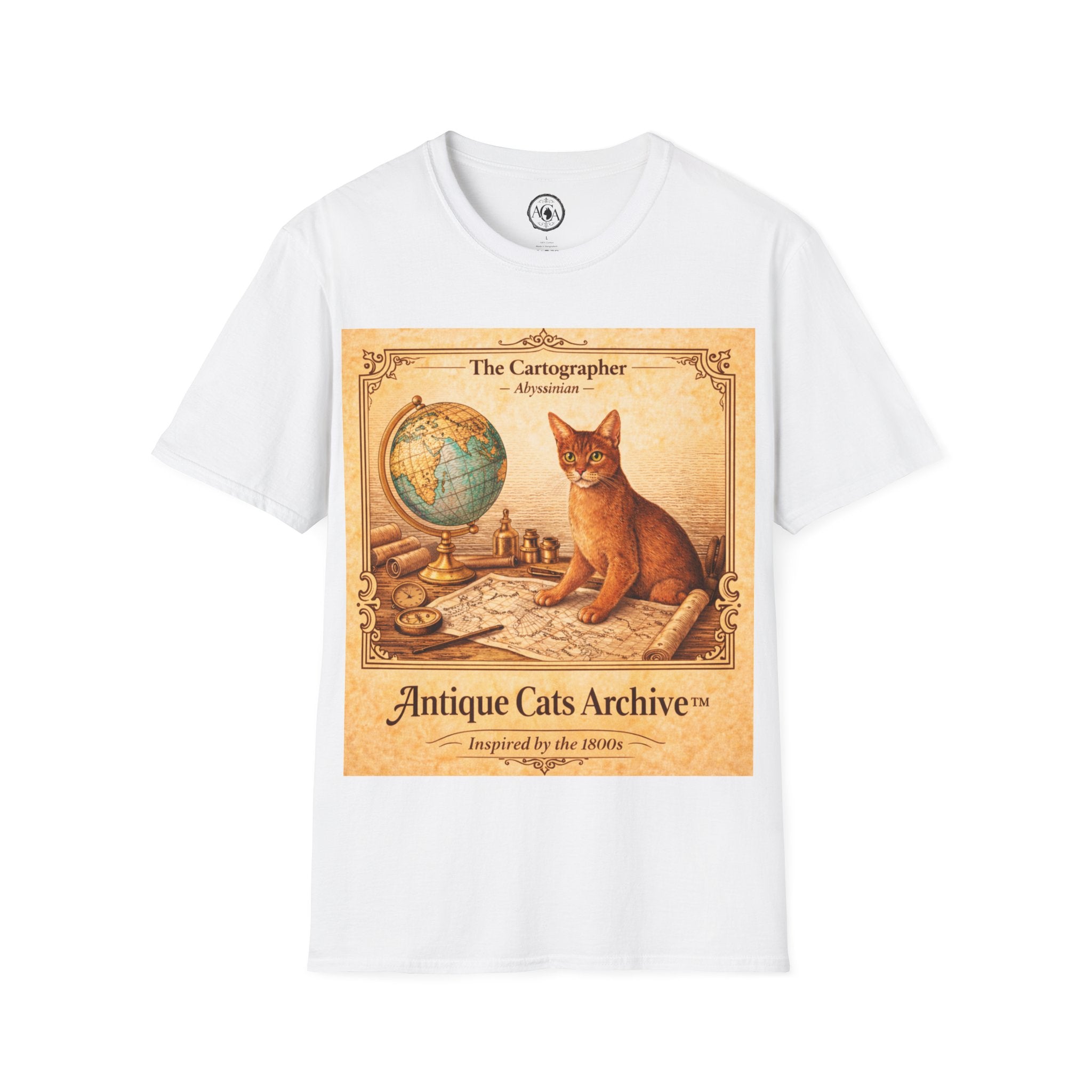 Antique Cats Archive™ Entry No. ACA-009-CAR “The Cartographer” Abyssinian Cat T-Shirt – Vintage 1800s Engraving Style
