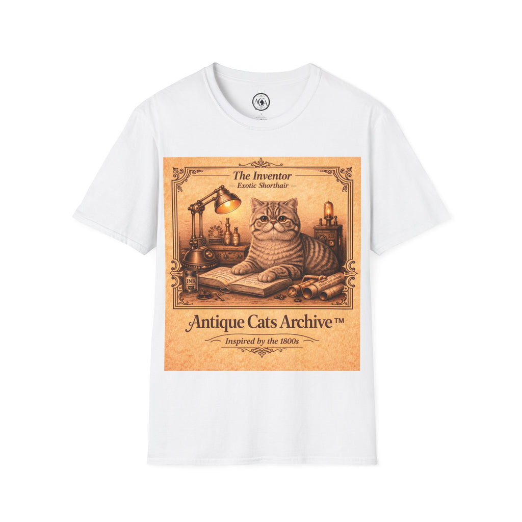 Antique Cats Archive™ Entry No. ACA-014-INV “The Inventor” Exotic Shorthair Cat T-Shirt – Vintage 1800s Engraving Style