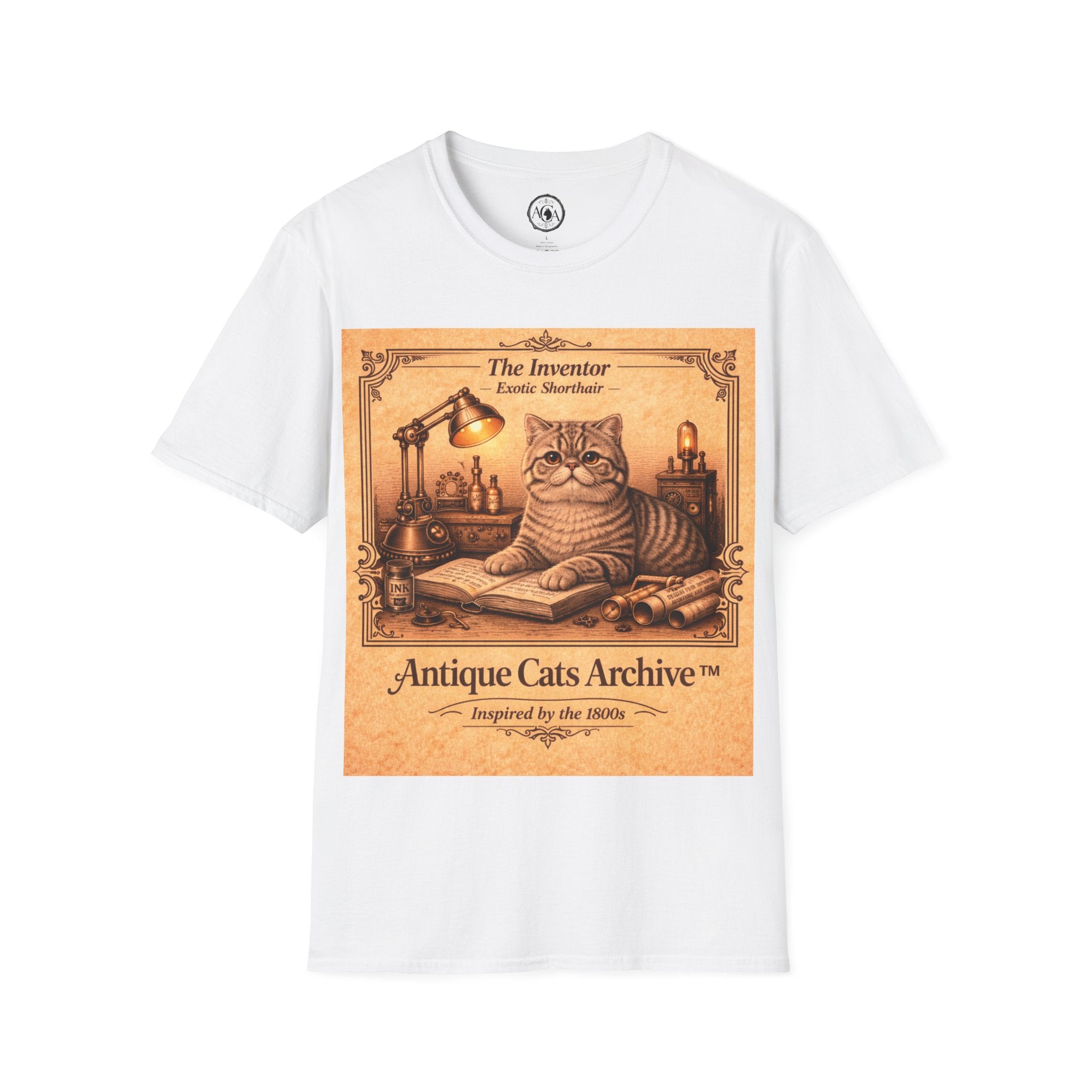 Antique Cats Archive™ Entry No. ACA-014-INV “The Inventor” Exotic Shorthair Cat T-Shirt – Vintage 1800s Engraving Style