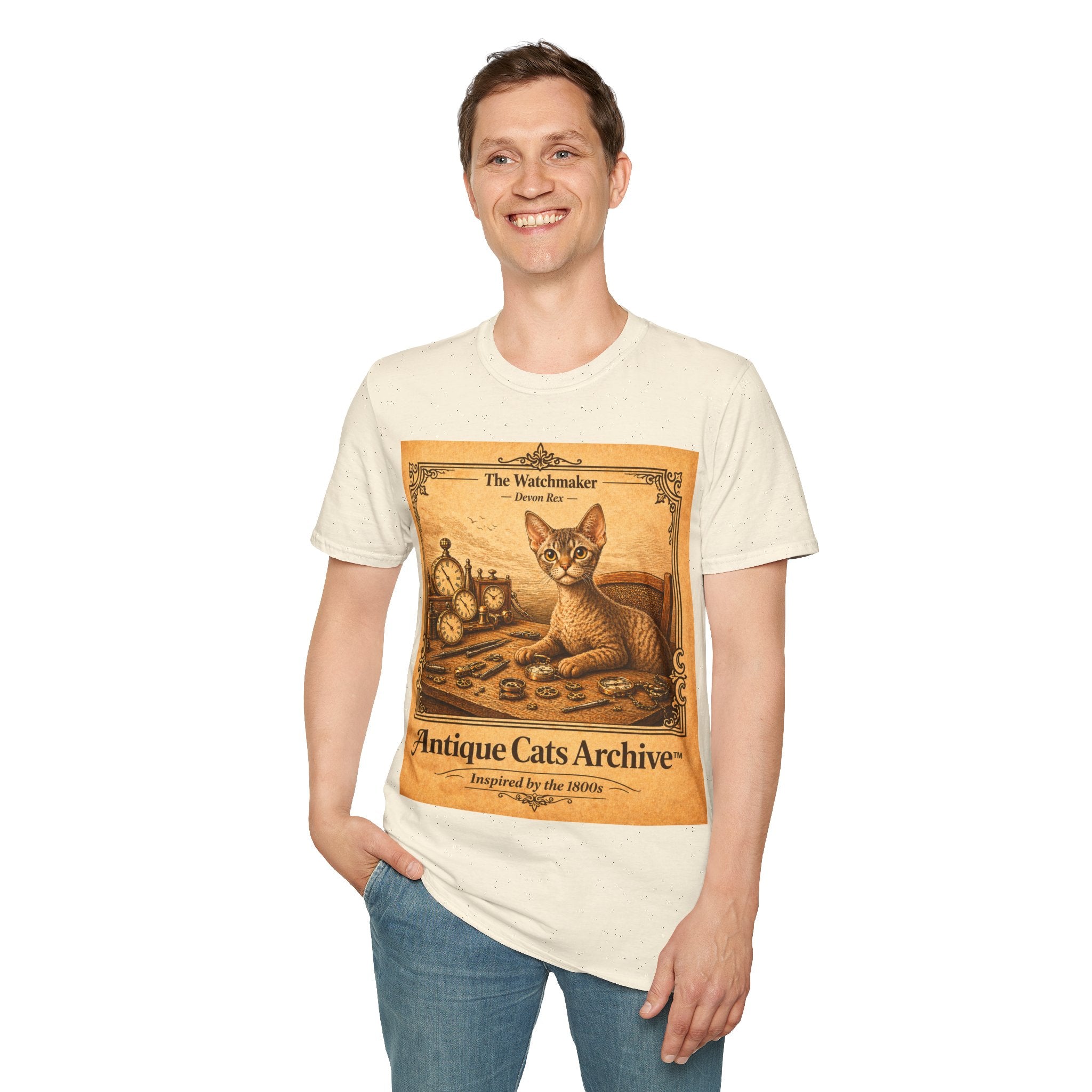 Antique Cats Archive™ Entry No. ACA-025-WAT “The Watchmaker” Devon Rex Cat T-Shirt – 1800s Engraving Style