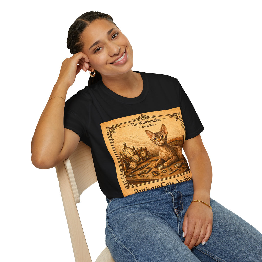 Antique Cats Archive™ Entry No. ACA-025-WAT “The Watchmaker” Devon Rex Cat T-Shirt – 1800s Engraving Style