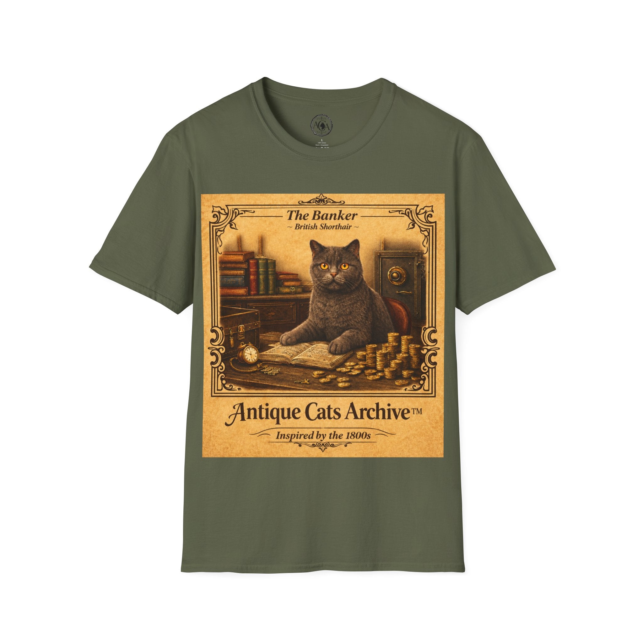 Antique Cats Archive™ Entry No. ACA-006-BNK “The Banker” British Shorthair Cat T-Shirt – Vintage 1800s Engraving Style