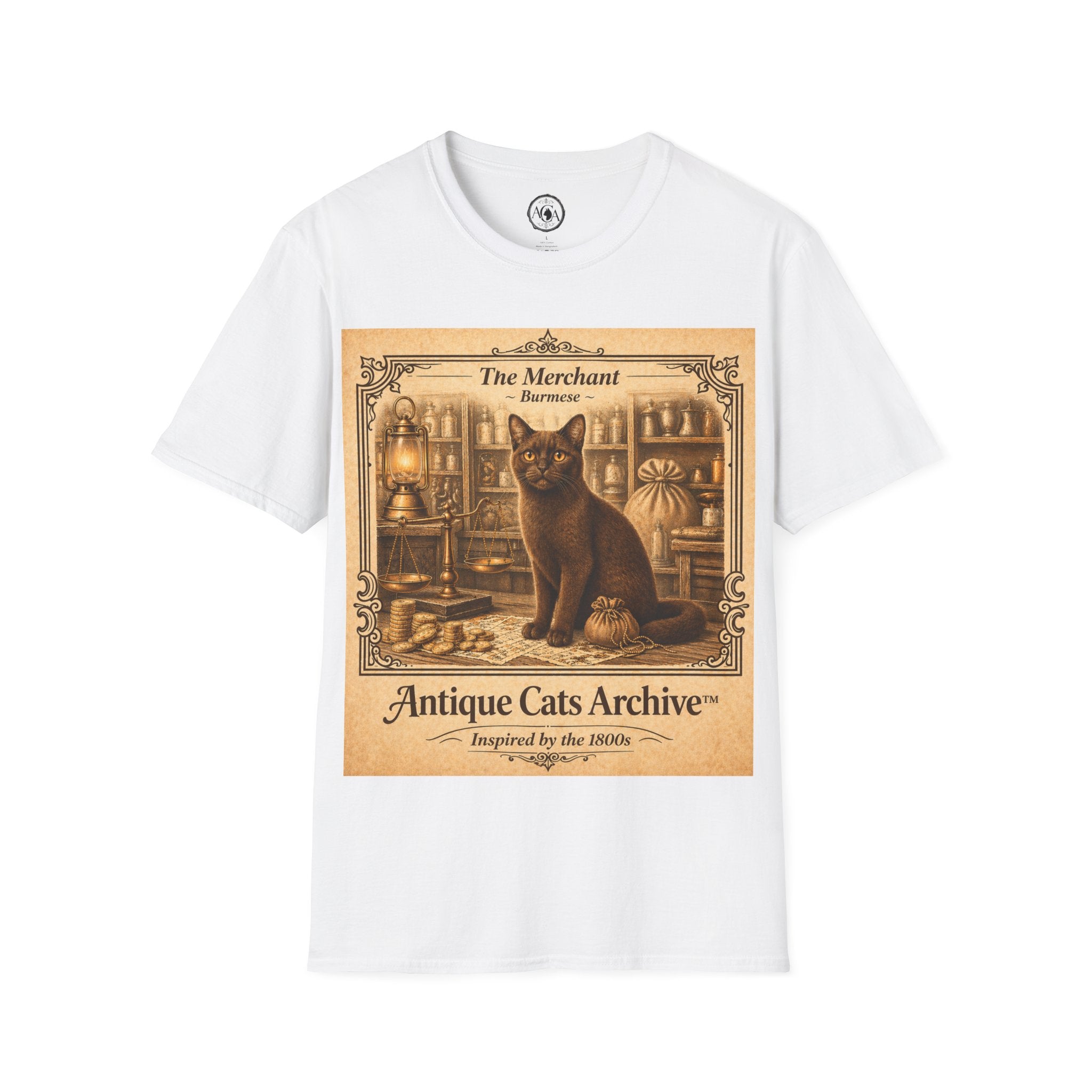 Antique Cats Archive™ Entry No. ACA-017-MER “The Merchant” Burmese Cat T-Shirt – Vintage 1800s Engraving Style