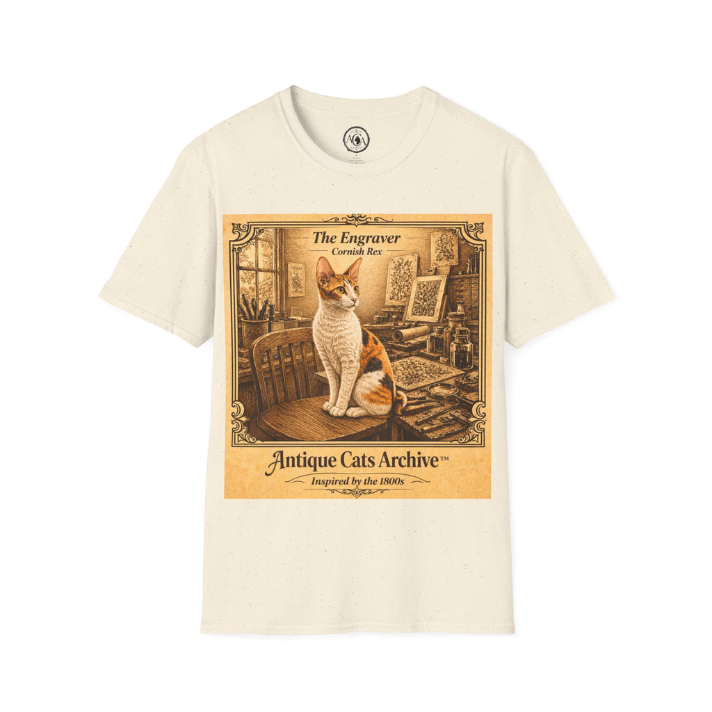 Antique Cats Archive™ Entry No. ACA-013-FND “The Engraver” Tabby Cat T-Shirt – Vintage 1800s Engraving Style