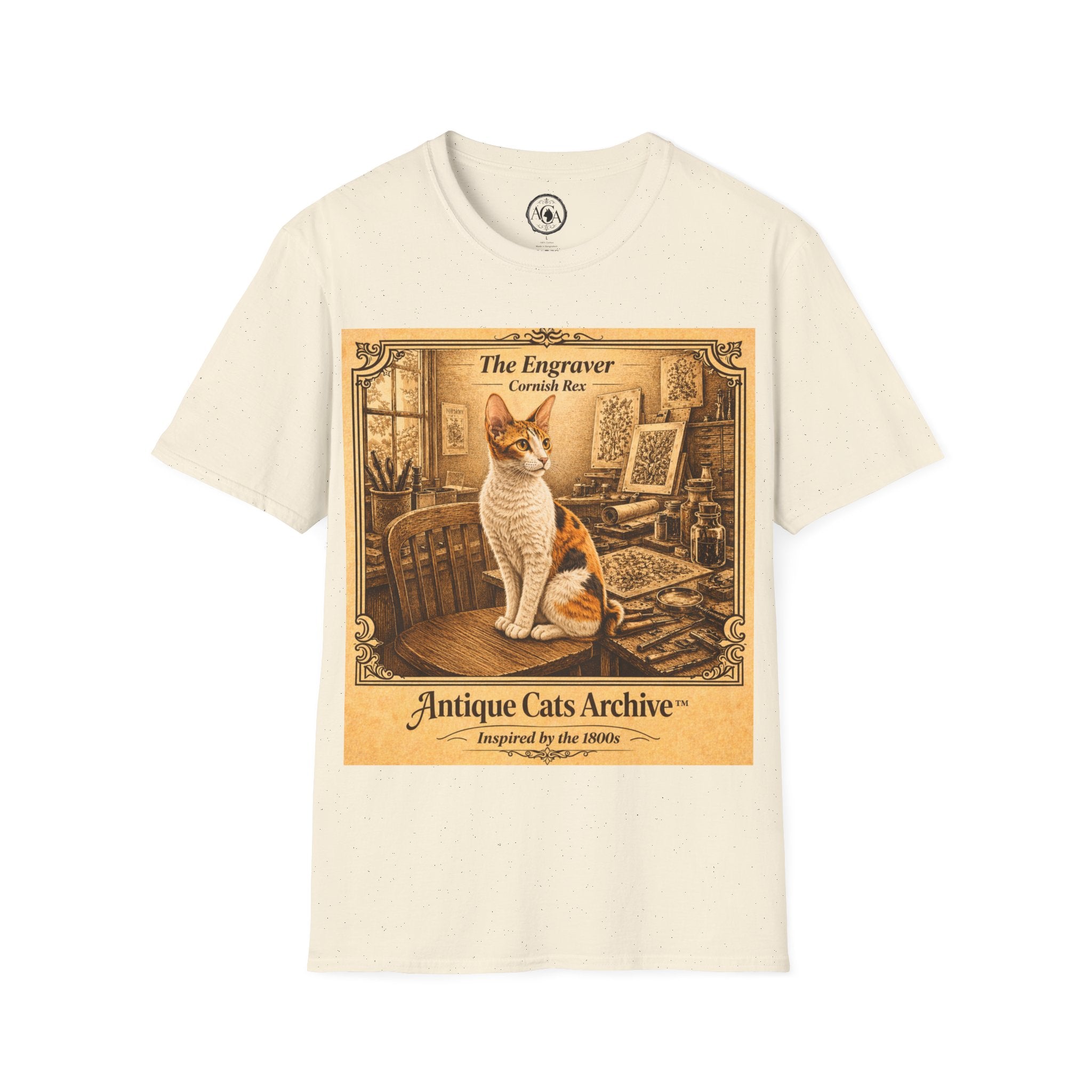 Antique Cats Archive™ Entry No. ACA-013-FND “The Engraver” Tabby Cat T-Shirt – Vintage 1800s Engraving Style