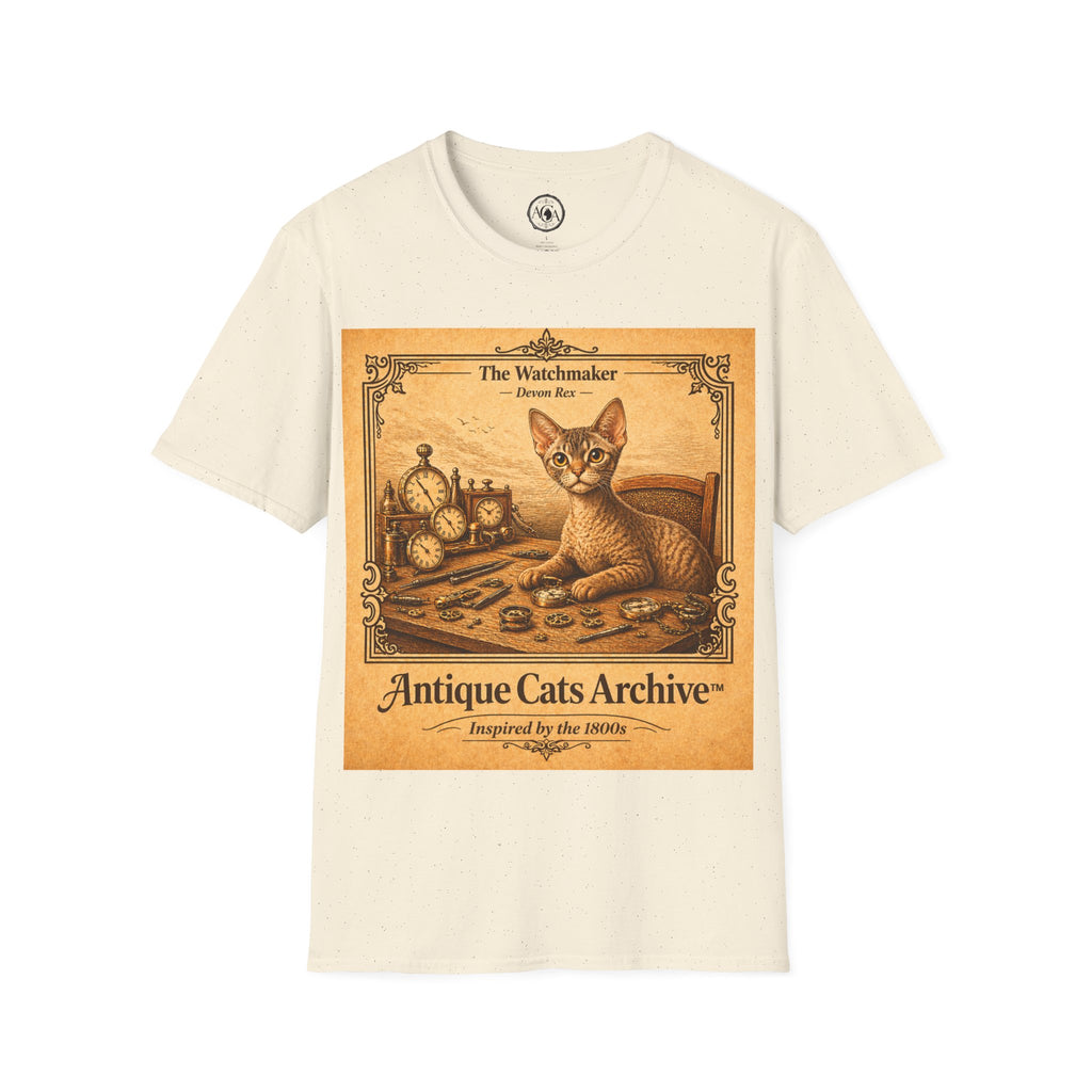 Antique Cats Archive™ Entry No. ACA-025-WAT “The Watchmaker” Devon Rex Cat T-Shirt – 1800s Engraving Style