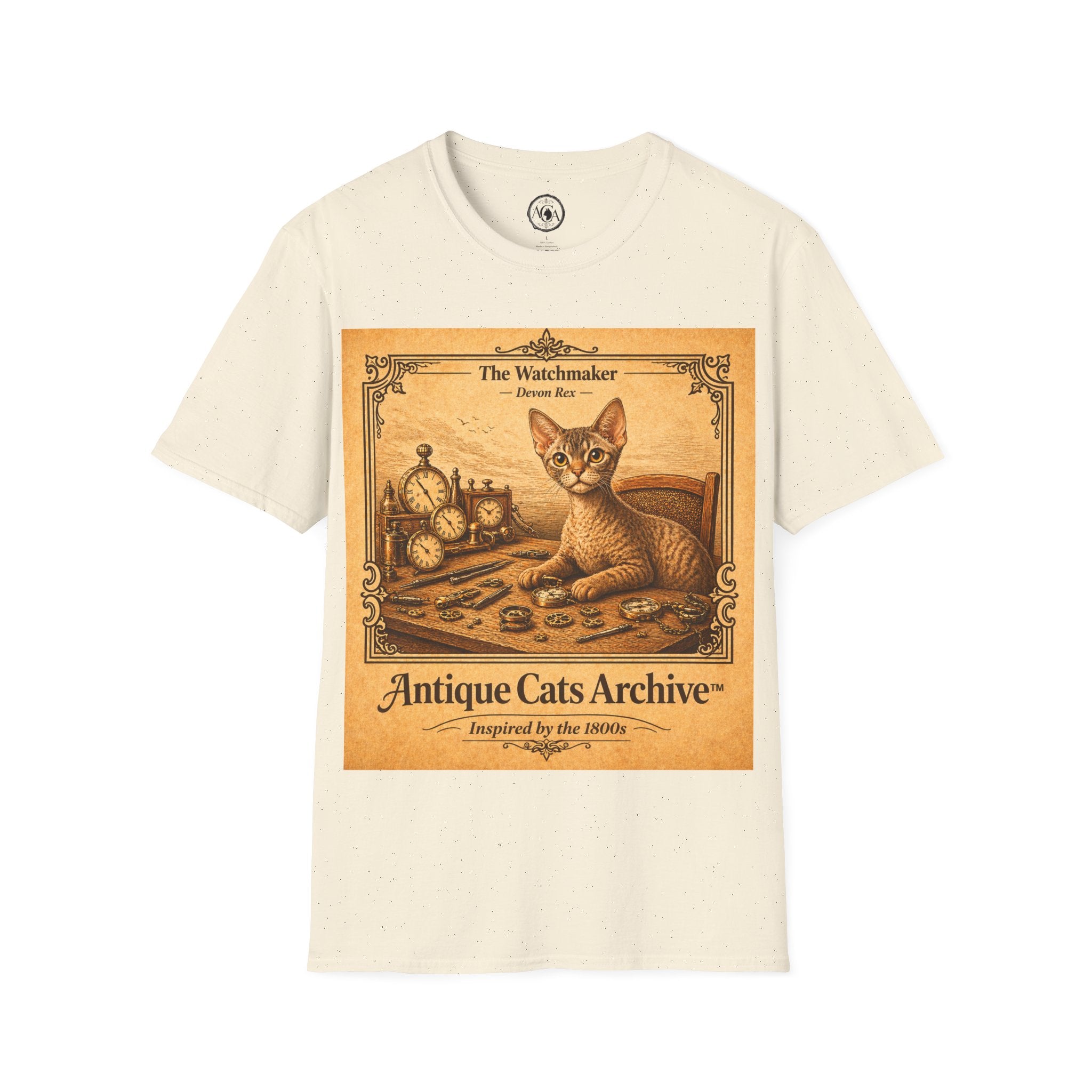 Antique Cats Archive™ Entry No. ACA-025-WAT “The Watchmaker” Devon Rex Cat T-Shirt – 1800s Engraving Style