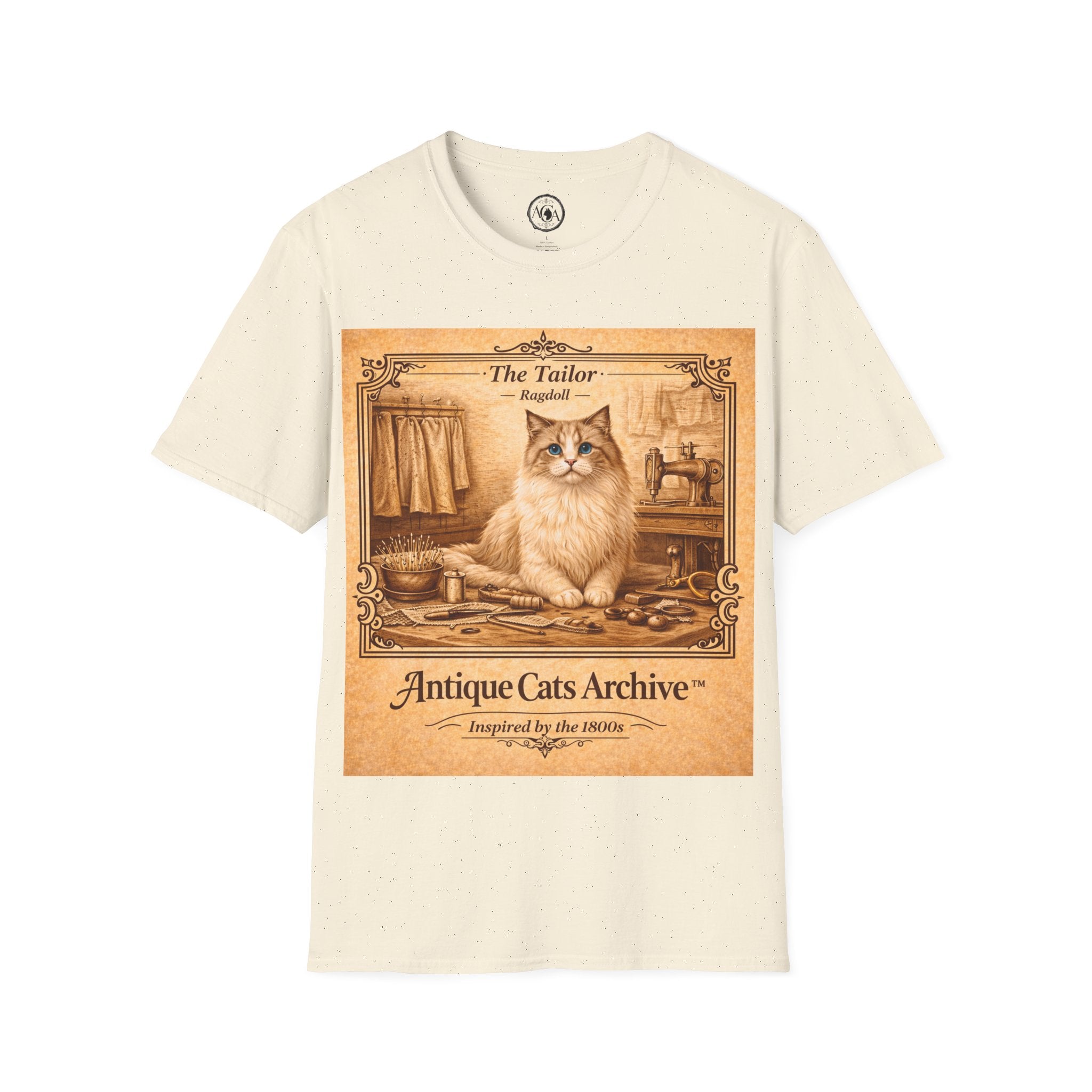 Antique Cats Archive™ Entry No. ACA-023-TLR “The Tailor” Ragdoll Cat T-Shirt – 1800s Engraving Style