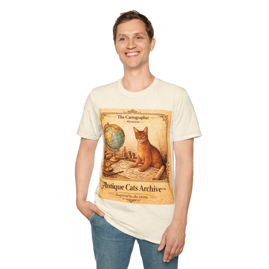 Antique Cats Archive™ Entry No. ACA-009-CAR “The Cartographer” Abyssinian Cat T-Shirt – Vintage 1800s Engraving Style