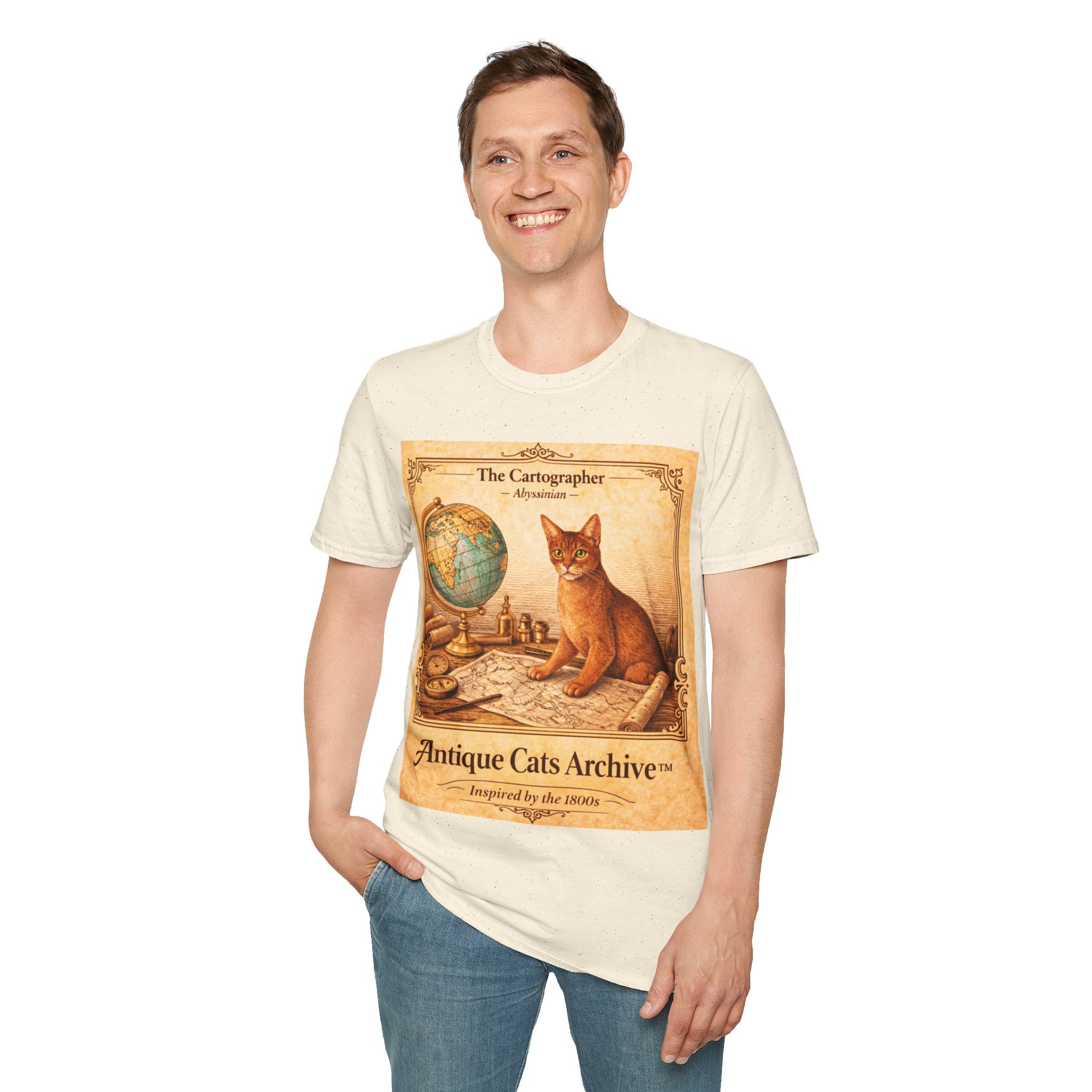Antique Cats Archive™ Entry No. ACA-009-CAR “The Cartographer” Abyssinian Cat T-Shirt – Vintage 1800s Engraving Style