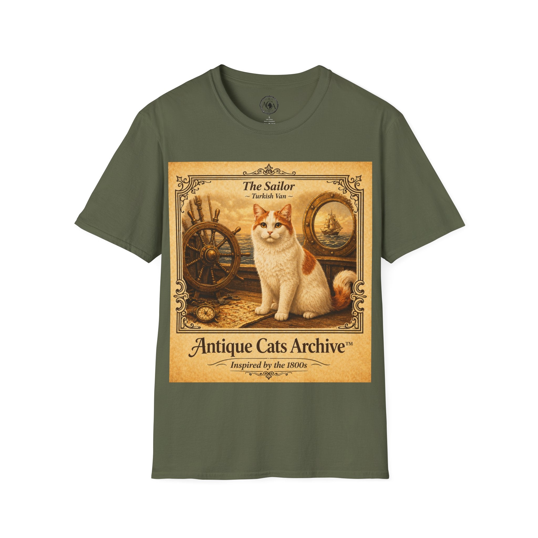Antique Cats Archive™ Entry No. ACA-021-SAI “The Sailor” Turkish Van Cat T-Shirt – Vintage 1800s Engraving Style
