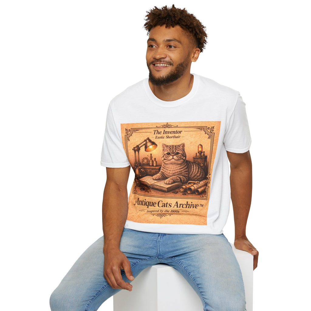 Antique Cats Archive™ Entry No. ACA-014-INV “The Inventor” Exotic Shorthair Cat T-Shirt – Vintage 1800s Engraving Style