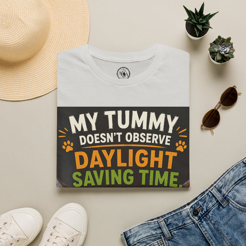 Funny Cat Shirt, This Tummy Doesn't Observe Your Daylight Saving Time, Cat Owner Gift, Hungry Cat Meme, Cat Lover T-Shirt