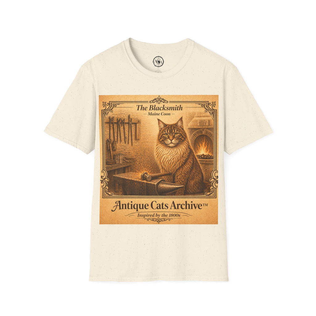 Antique Cats Archive™ Entry No. ACA-007-BLK “The Blacksmith” Maine Coon Cat T-Shirt – Vintage 1800s Engraving Style